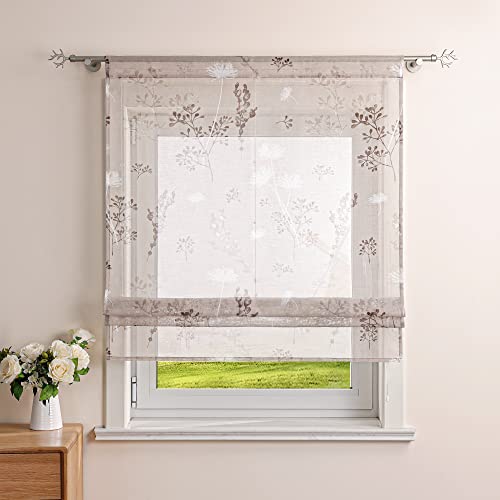 CORLIF Raffgardine mit Tunnelzug Leinenoptik Raffrollos Chrysantheme Druck Fenstergardine Stangendurchzug Rollo für Küche Transparent Kurzvorhang Landhausstil BxH 120x140 cm Sand von CORLIF