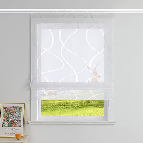 CORLIF Raffrollo Ausbrenner Gardinen Küchen Raffgardinen Landhaus Transparente Bändchenrollo mit Wellenmuster Kurzvorhang Modern Rollos mit Klettband Weiß BxH 100x140 cm 1 Stück von CORLIF