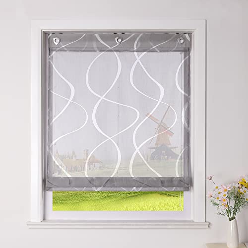 CORLIF Raffrollo Ausbrenner Gardinen Küchen Raffgardinen Landhaus Transparente Ösenrollo mit Wellenmuster Kurzvorhang Modern Rollos mit Ösen Grau BxH 80x140 cm 1 Stück von CORLIF
