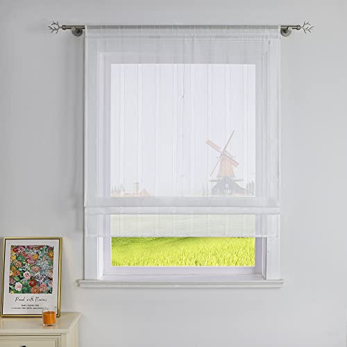 CORLIF Raffrollo Gestreifte Raffgardinen mit Streifen mit Baumwollgarn-Optik Gardinen Landhaus Bändchenrollo Küche Transparente Rollos Modern für Fenster mit Tunnelzug Weiß BxH 80x140 cm 1 Stück von CORLIF