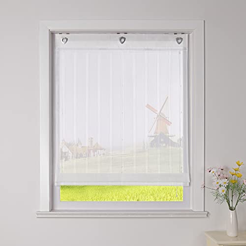 CORLIF Raffrollo Gestreifte Raffgardinen mit Streifen mit Baumwollgarn-Optik Gardinen Landhaus Ösenrollo Küche Transparente Rollos Modern für Fenster ohne Bohren mit Ösen Weiß BxH 80x140 cm 1 Stück von CORLIF