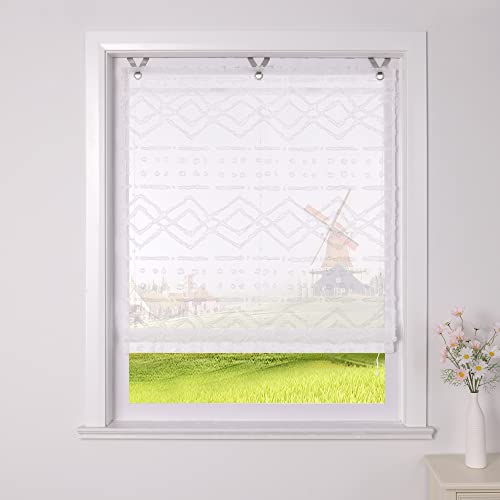 CORLIF Raffrollo Getuftet Boho Raffgardinen Geometrische Gardinen Küche Transparente Ösenrollo Modern Rollos für Fenster ohne Bohren mit Hakenaufhängung Weiß BxH 100x130 cm 1 Stück von CORLIF