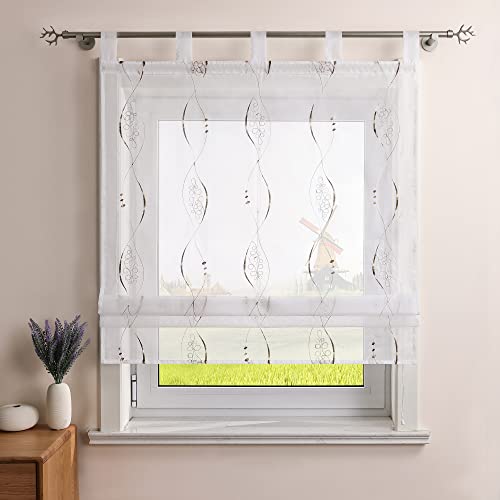 CORLIF Raffrollo Küche Raffgardine Leinenoptik Rollos Modern mit Wellen Stickerei Transparente Schlaufenrollo Kurz Fenster Vorhang mit Schlaufen B/H 100/140 cm Braun von CORLIF