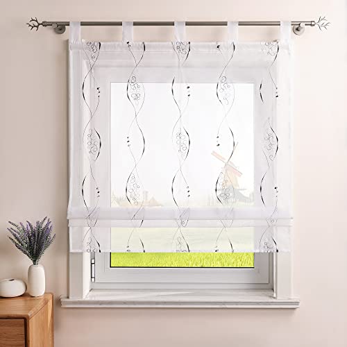 CORLIF Raffrollo Küche Raffgardine Leinenoptik Rollos Modern mit Wellen Stickerei Transparente Schlaufenrollo Kurz Fenster Vorhang mit Schlaufen B/H 100/140 cm Grau von CORLIF