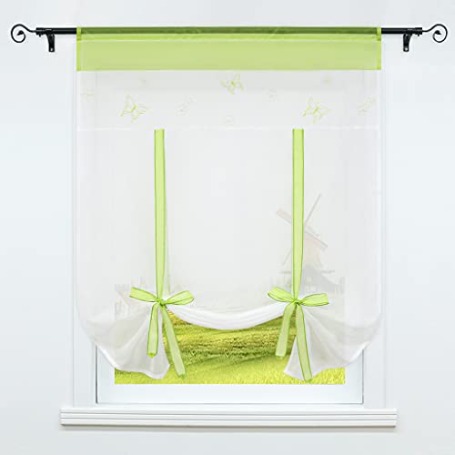 CORLIF Raffrollo Küche Raffgardine mit Tunnelzug Bändchenrollo Transparent Voile Vorhang mit Schmetterling Bestickt Grün BxH 100x140cm 1 Stück von CORLIF