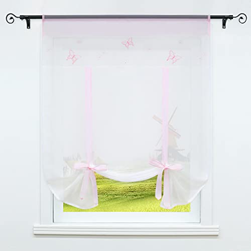 CORLIF Raffrollo Küche Raffgardine mit Tunnelzug Bändchenrollo Transparent Voile Vorhang mit Schmetterling Bestickt Rosa BxH 60x120cm 1 Stück von CORLIF