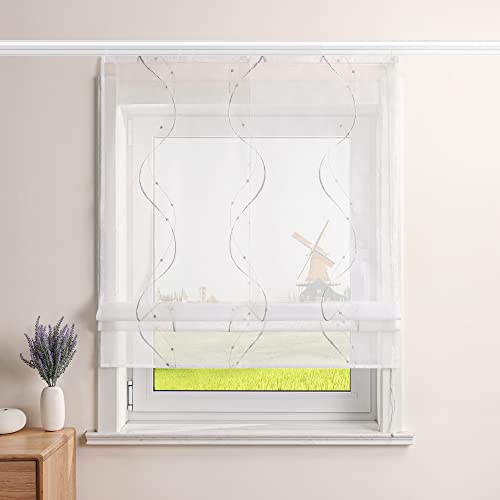 CORLIF Raffrollo Landhaus Raffgardine Küche Modern Bändchenrollo Leinenoptik mit Wellenmuster Transparente Rollos Kurz Fenster Schal mit Klettband B/H 100/140 cm Sand von CORLIF