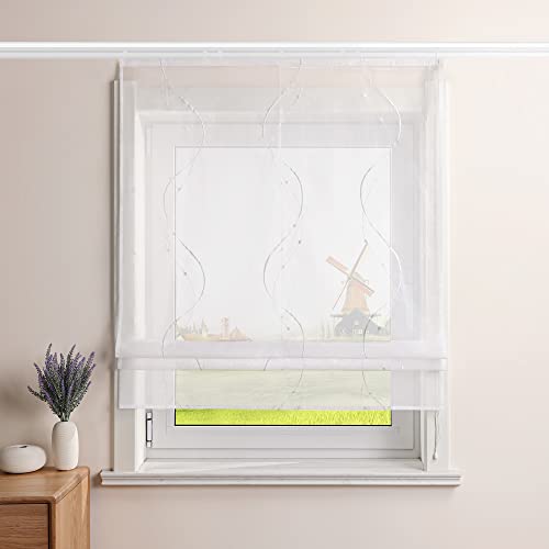 CORLIF Raffrollo Landhaus Raffgardine Küche Modern Bändchenrollo Leinenoptik mit Wellenmuster Transparente Rollos Kurz Fenster Schal mit Klettband B/H 100/140 cm Weiß von CORLIF