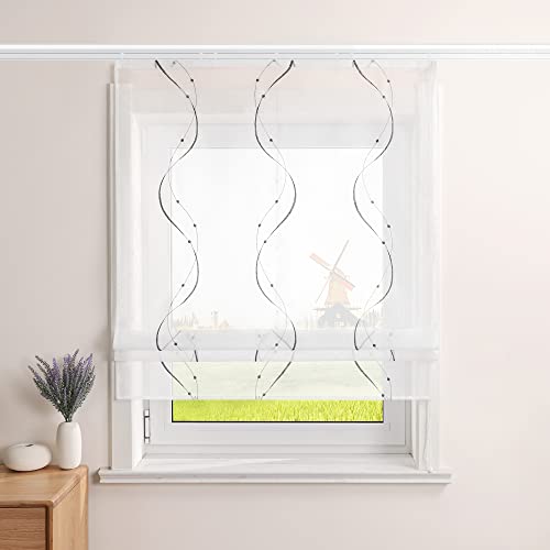 CORLIF Raffrollo Landhaus Raffgardine Küche Modern Bändchenrollo Leinenoptik mit Wellenmuster Transparente Rollos Kurz Fenster Schal mit Klettband B/H 120/140 cm Grau von CORLIF