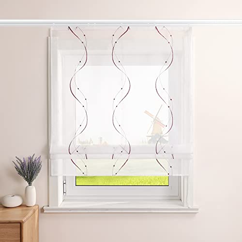 CORLIF Raffrollo Landhaus Raffgardine Küche Modern Bändchenrollo Leinenoptik mit Wellenmuster Transparente Rollos Kurz Fenster Schal mit Klettband B/H 80/140 cm Violett von CORLIF