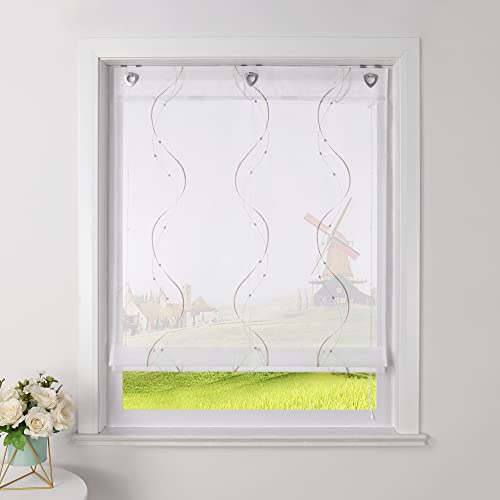 CORLIF Raffrollo Landhaus Raffgardine Küche Modern Ösenrollo Leinenoptik mit Wellenmuster Transparente Rollos Kurz Fenster Schal mit Ösen B/H 100/140 cm Sand von CORLIF