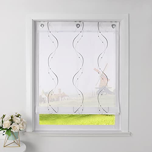 CORLIF Raffrollo Landhaus Raffgardine Küche Modern Ösenrollo Leinenoptik mit Wellenmuster Transparente Rollos Kurz Fenster Schal mit Ösen B/H 60/140 cm Grau von CORLIF