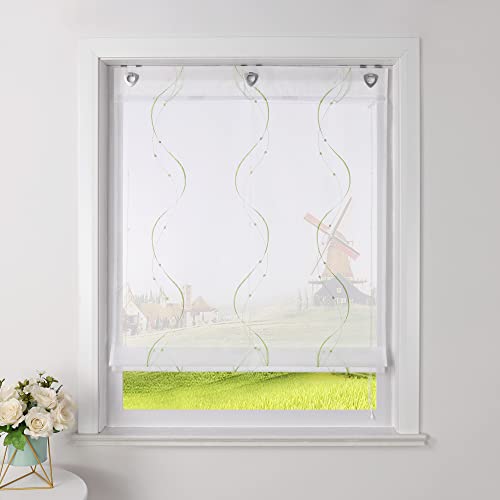 CORLIF Raffrollo Landhaus Raffgardine Küche Modern Ösenrollo Leinenoptik mit Wellenmuster Transparente Rollos Kurz Fenster Schal mit Ösen B/H 60/140 cm Grün von CORLIF