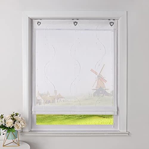 CORLIF Raffrollo Landhaus Raffgardine Küche Modern Ösenrollo Leinenoptik mit Wellenmuster Transparente Rollos Kurz Fenster Schal mit Ösen B/H 60/140 cm Weiß von CORLIF