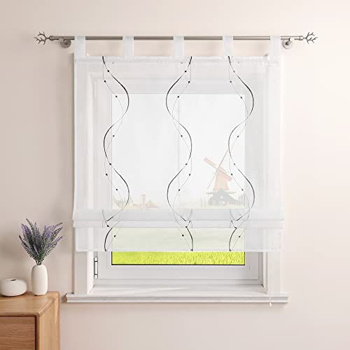 CORLIF Raffrollo Landhaus Raffgardine Küche Modern Schlaufenrollo Leinenoptik mit Wellenmuster Transparente Rollos Kurz Fenster Schal mit Schlaufen B/H 100/140 cm Grau von CORLIF