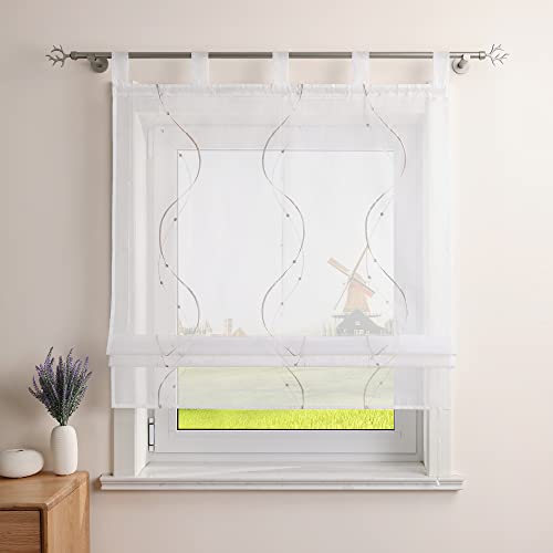 CORLIF Raffrollo Landhaus Raffgardine Küche Modern Schlaufenrollo Leinenoptik mit Wellenmuster Transparente Rollos Kurz Fenster Schal mit Schlaufen B/H 100/140 cm Sand von CORLIF