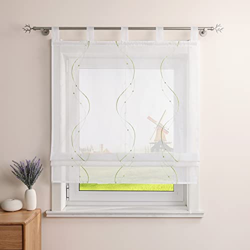 CORLIF Raffrollo Landhaus Raffgardine Küche Modern Schlaufenrollo Leinenoptik mit Wellenmuster Transparente Rollos Kurz Fenster Schal mit Schlaufen B/H 60/140 cm Grün von CORLIF