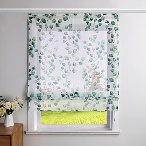 CORLIF Raffrollo Leinenoptik mit Klettband Küche Raffgardine Blätter-Druck Fenster Bändchenrollo Transparenter Kurz Vorhang Landhausstil B/H 140/140 cm Grün von CORLIF