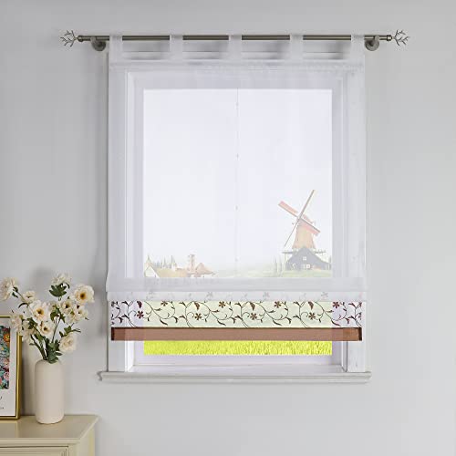 CORLIF Raffrollo mit Blumenmuster Bestickte Raffgardine Küche Modern Schlaufenrollo Leinenoptik Transparente Rollo Kurz Fenster Schal Landhaus mit Schlaufen B/H 100/150 cm Braun von CORLIF