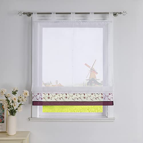 CORLIF Raffrollo mit Blumenmuster Bestickte Raffgardine Küche Modern Schlaufenrollo Leinenoptik Transparente Rollo Kurz Fenster Schal Landhaus mit Schlaufen B/H 120/150 cm Violett von CORLIF