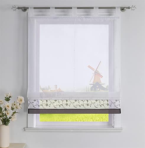 CORLIF Raffrollo mit Blumenmuster Bestickte Raffgardine Küche Modern Schlaufenrollo Leinenoptik Transparente Rollo Kurz Fenster Schal Landhaus mit Schlaufen B/H 140/150 cm Grau von CORLIF