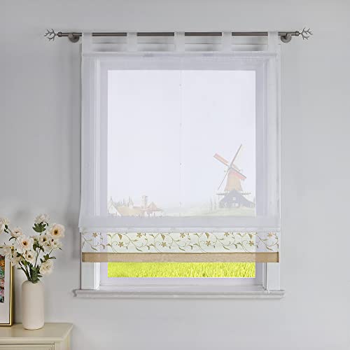 CORLIF Raffrollo mit Blumenmuster Bestickte Raffgardine Küche Modern Schlaufenrollo Leinenoptik Transparente Rollo Kurz Fenster Schal Landhaus mit Schlaufen B/H 140/150 cm Sand von CORLIF