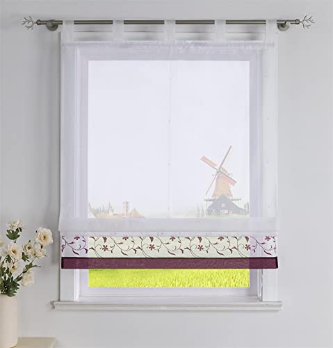 CORLIF Raffrollo mit Blumenmuster Bestickte Raffgardine Küche Modern Schlaufenrollo Leinenoptik Transparente Rollo Kurz Fenster Schal Landhaus mit Schlaufen B/H 140/150 cm Violett von CORLIF