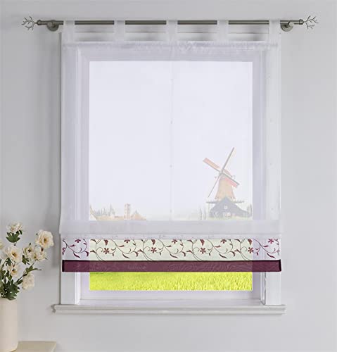 CORLIF Raffrollo mit Blumenmuster Bestickte Raffgardine Küche Modern Schlaufenrollo Leinenoptik Transparente Rollo Kurz Fenster Schal Landhaus mit Schlaufen B/H 45/150 cm Violett von CORLIF