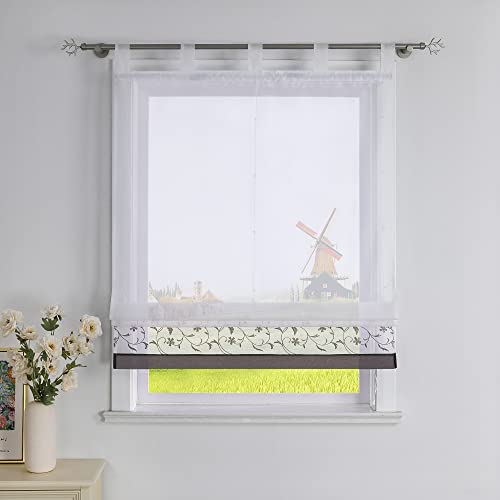 CORLIF Raffrollo mit Blumenmuster Bestickte Raffgardine Küche Modern Schlaufenrollo Leinenoptik Transparente Rollo Kurz Fenster Schal Landhaus mit Schlaufen B/H 80/150 cm Grau von CORLIF