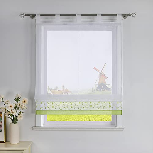 CORLIF Raffrollo mit Blumenmuster Bestickte Raffgardine Küche Modern Schlaufenrollo Leinenoptik Transparente Rollo Kurz Fenster Schal Landhaus mit Schlaufen B/H 80/150 cm Grün von CORLIF