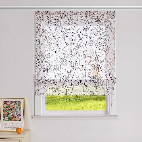 CORLIF Raffrollo mit Klettband Zweige Muster Raffgardinen mit Heißprägemuster Rollos Gardinen Landhaus Küche Transparente Bändchenrollo Modern für Fenster BxH 100x140 cm 1 Stück,Braun von CORLIF