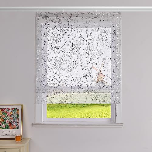 CORLIF Raffrollo mit Klettband Zweige Muster Raffgardinen mit Heißprägemuster Rollos Gardinen Landhaus Küche Transparente Bändchenrollo Modern für Fenster BxH 120x140 cm 1 Stück,Silber von CORLIF