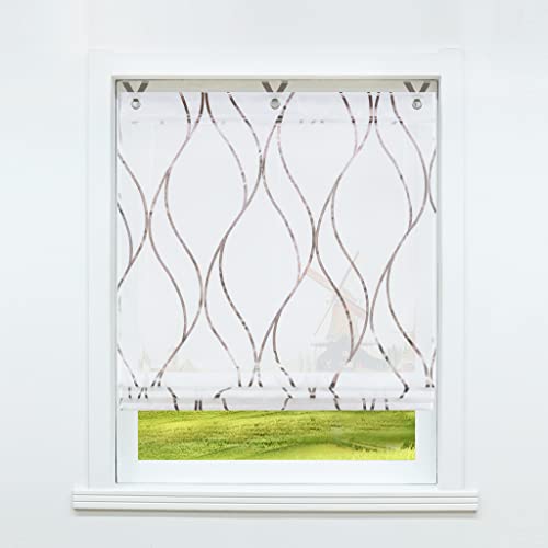 CORLIF Raffrollo mit Ösen Gardinen Küche Raffgardinen Transparent Ösenrollo Vorhänge Mit Wellen-Druck Modern Voile Braun BxH 80x130cm 1 Stück von CORLIF
