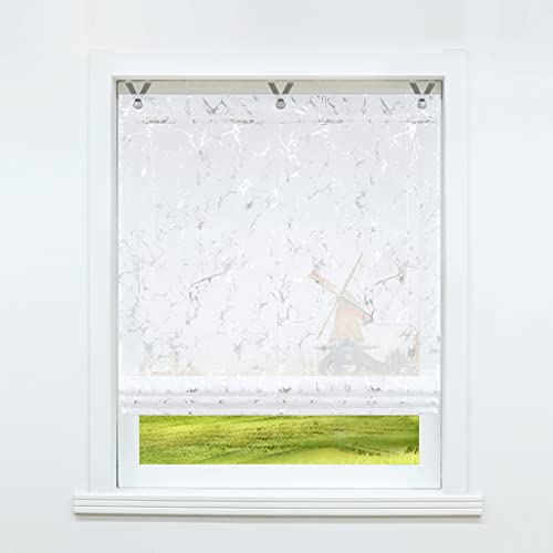 CORLIF Raffrollo mit Ösen Voile Küche Transparente Raffgardine mit Hakenaufhängung Kleinfenster Vorhang mit Foliendruck Weiß Marmoriertes Muster Modern BxH 45x130cm 1 Stück von CORLIF