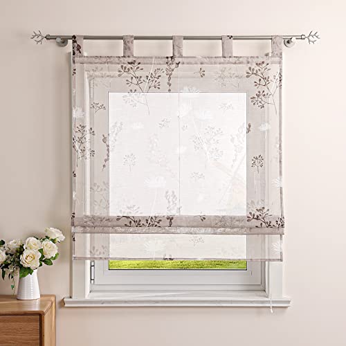 CORLIF Raffrollo mit Schlaufen Leinenoptik Raffgardine Chrysantheme-Druck Fenster Schlaufenrollo Küche Transparent Kurzvorhang Landhausstil BxH 100x140 cm Sand von CORLIF