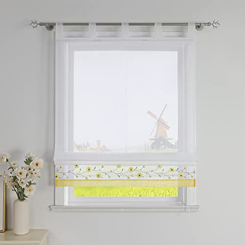 CORLIF Raffrollo mit Schlaufen Modern Raffgardine Küche Schlaufenrollo Leinenoptik mit Blumen Stickerei Transparente Rollo Landhaus Kurz Fenster Schal B/H 100/150 cm Gelb von CORLIF