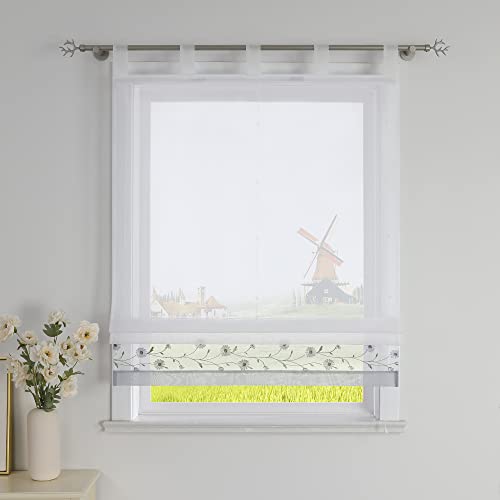 CORLIF Raffrollo mit Schlaufen Modern Raffgardine Küche Schlaufenrollo Leinenoptik mit Blumen Stickerei Transparente Rollo Landhaus Kurz Fenster Schal B/H 100/150 cm Grau von CORLIF