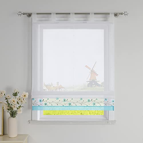 CORLIF Raffrollo mit Schlaufen Modern Raffgardine Küche Schlaufenrollo Leinenoptik mit Blumen Stickerei Transparente Rollo Landhaus Kurz Fenster Schal B/H 120/150 cm Blau #1 von CORLIF