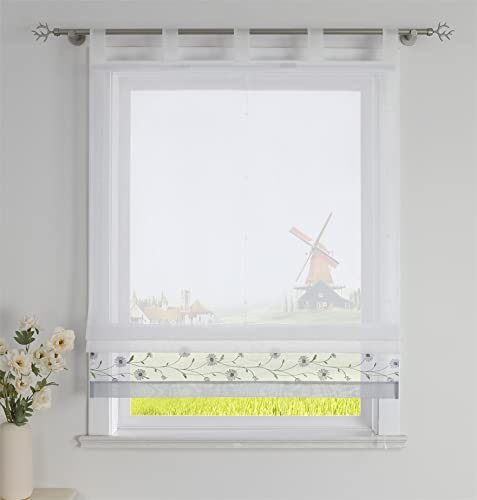 CORLIF Raffrollo mit Schlaufen Modern Raffgardine Küche Schlaufenrollo Leinenoptik mit Blumen Stickerei Transparente Rollo Landhaus Kurz Fenster Schal B/H 120/150 cm Grau von CORLIF