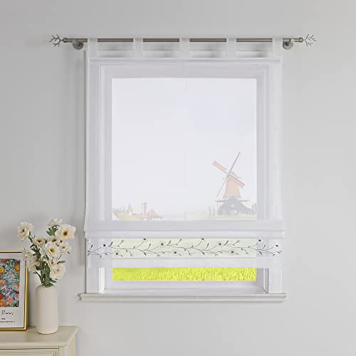 CORLIF Raffrollo mit Schlaufen Modern Raffgardine Küche Schlaufenrollo Leinenoptik mit Blumen Stickerei Transparente Rollo Landhaus Kurz Fenster Schal B/H 120/150 cm Weiß von CORLIF