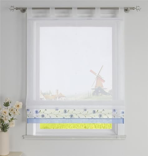 CORLIF Raffrollo mit Schlaufen Modern Raffgardine Küche Schlaufenrollo Leinenoptik mit Blumen Stickerei Transparente Rollo Landhaus Kurz Fenster Schal B/H 140/150 cm Blau #2 von CORLIF