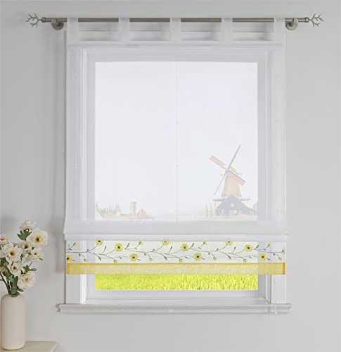 CORLIF Raffrollo mit Schlaufen Modern Raffgardine Küche Schlaufenrollo Leinenoptik mit Blumen Stickerei Transparente Rollo Landhaus Kurz Fenster Schal B/H 140/150 cm Gelb von CORLIF
