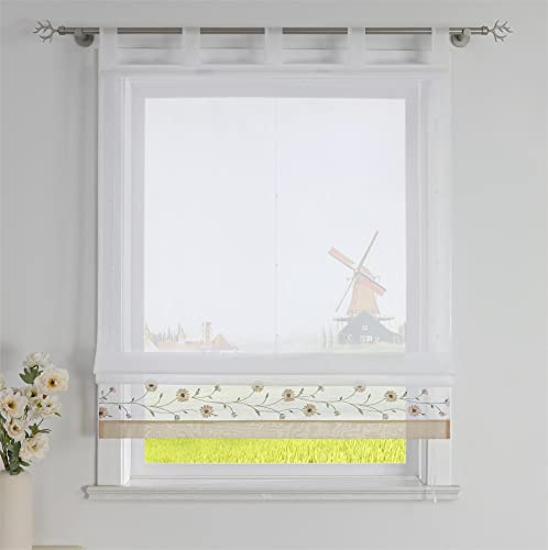 CORLIF Raffrollo mit Schlaufen Modern Raffgardine Küche Schlaufenrollo Leinenoptik mit Blumen Stickerei Transparente Rollo Landhaus Kurz Fenster Schal B/H 140/150 cm Sand von CORLIF