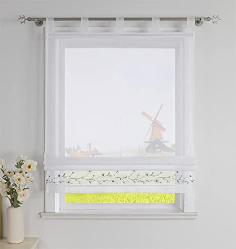 CORLIF Raffrollo mit Schlaufen Modern Raffgardine Küche Schlaufenrollo Leinenoptik mit Blumen Stickerei Transparente Rollo Landhaus Kurz Fenster Schal B/H 140/150 cm Weiß von CORLIF