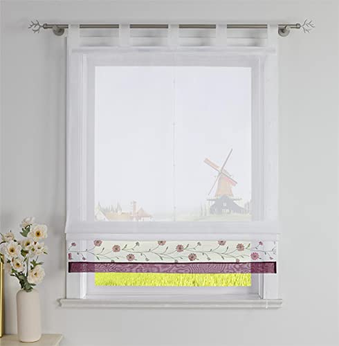 CORLIF Raffrollo mit Schlaufen Modern Raffgardine Küche Schlaufenrollo Leinenoptik mit Blumen Stickerei Transparente Rollo Landhaus Kurz Fenster Schal B/H 60/150 cm Violett von CORLIF