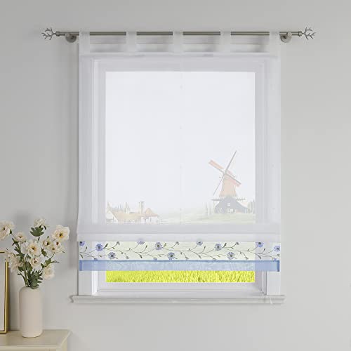 CORLIF Raffrollo mit Schlaufen Modern Raffgardine Küche Schlaufenrollo Leinenoptik mit Blumen Stickerei Transparente Rollo Landhaus Kurz Fenster Schal B/H 80/150 cm Blau #2 von CORLIF