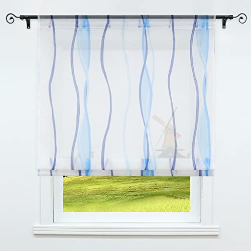 CORLIF Raffrollo mit Tunnelzug Gardinen Küche Raffgardinen Transparent Vorhänge Mit Wellen-Druck Modern Voile Blau BxH 100x140cm 1 Stück von CORLIF