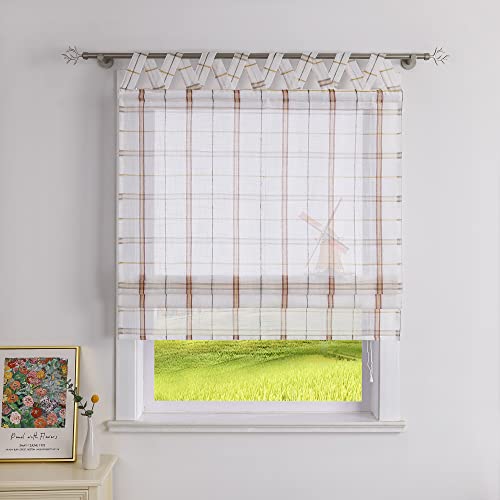 CORLIF Raffrollo mit V-Schlaufen Transparente Raffgardinen Kariert Schlaufenrollo Landhaus Rollos Küche mit Karo Muster Kurze Fenster Gardine Plaid B/H 140/140 cm,Rot von CORLIF