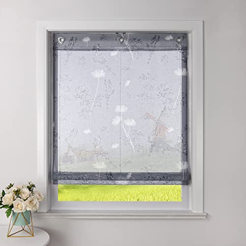 CORLIF Raffrollo ohne Bohren mit Hakenaufhängung Raffgardine Küche Ösenrollo Leinenoptik mit Löwenzahnmuster Transparente Rollos Kurz Vorhang Landhaus B/H 100/140 cm Grau von CORLIF