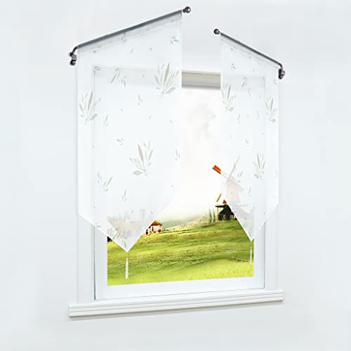 CORLIF Scheibengardine mit Tunnelzug Voile Transparente Bistrogardinen mit Quaste Panneaux Fenster Gardinen Kurzstores Bambus-Blatt-Muster Weiß BxH 40x90cm 1er Pack von CORLIF